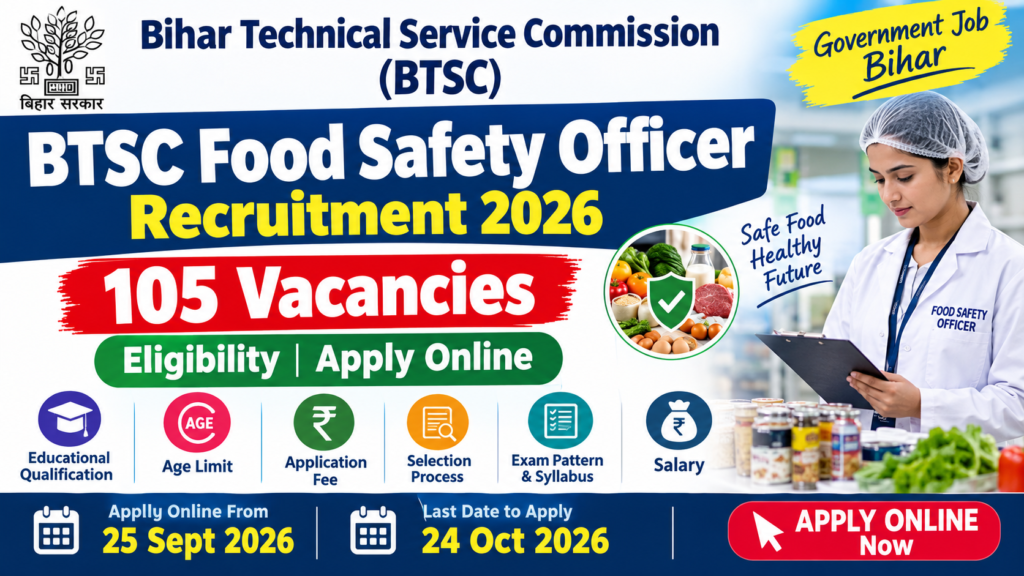 BTSC Food Safety Officer Recruitment 2026
105 Vacancies | Apply Online
Eligibility • Exam Pattern • Salary • Important Dates