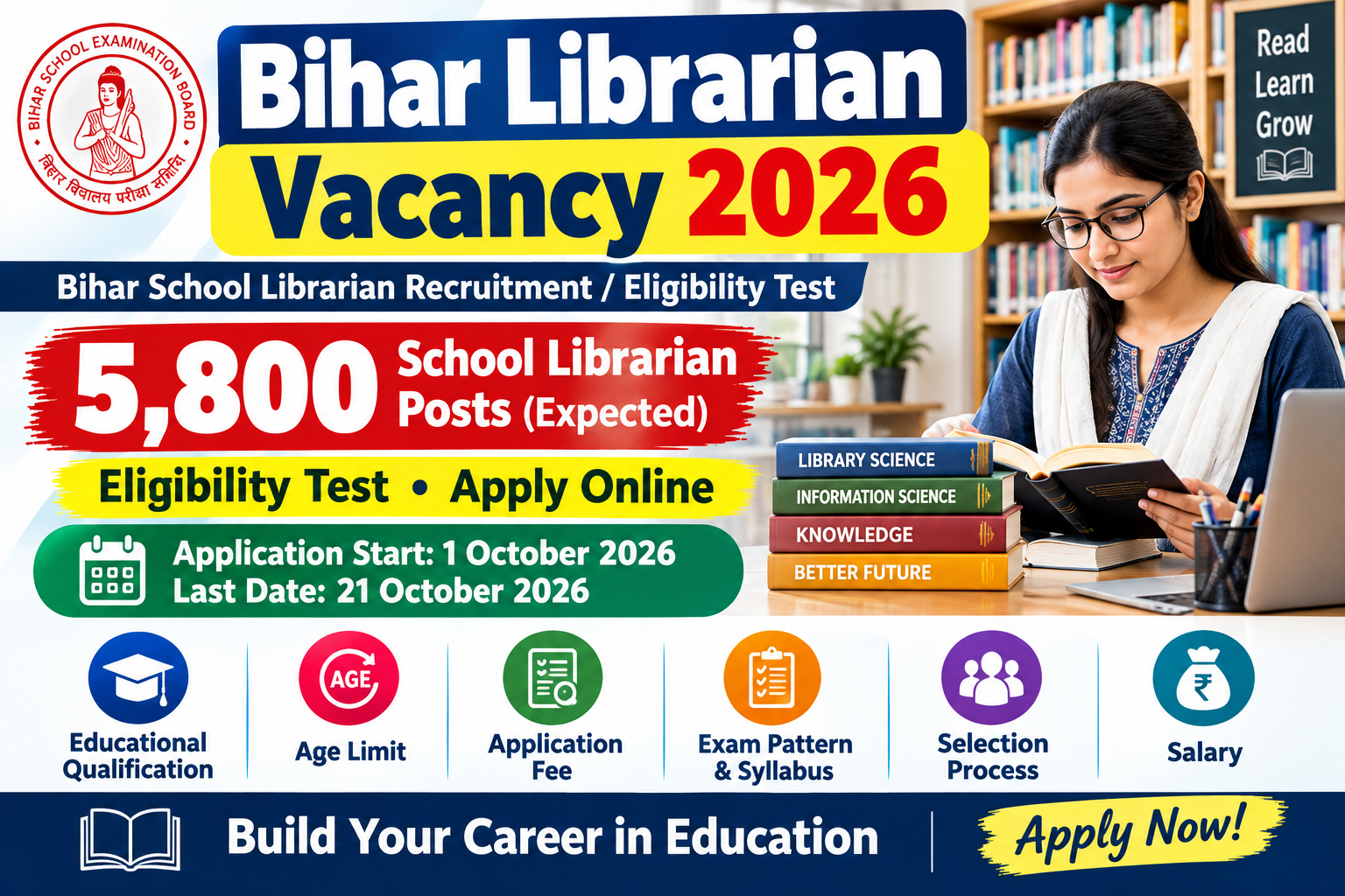 Bihar Librarian Vacancy 2026 5800 School Librarian Posts Eligibility Test Apply Online